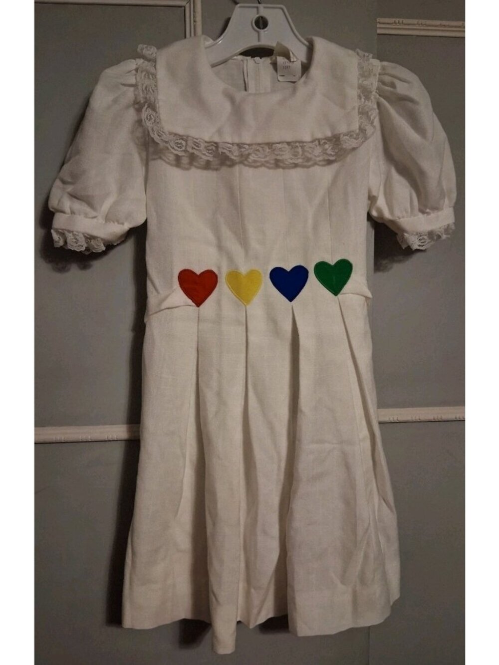 Vintage Winnie the Pooh Girls 6X Dress White w/Hearts Square Collar w/Lace Zip